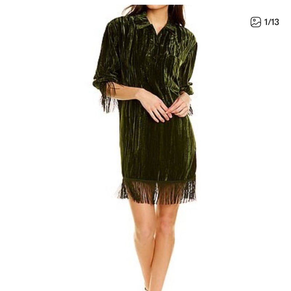 Something Navy Green Velvet Fringe Dress
